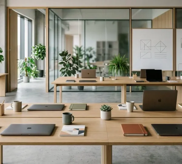 Modern office workspace with focus on efficient collaboration and streamlined workflows