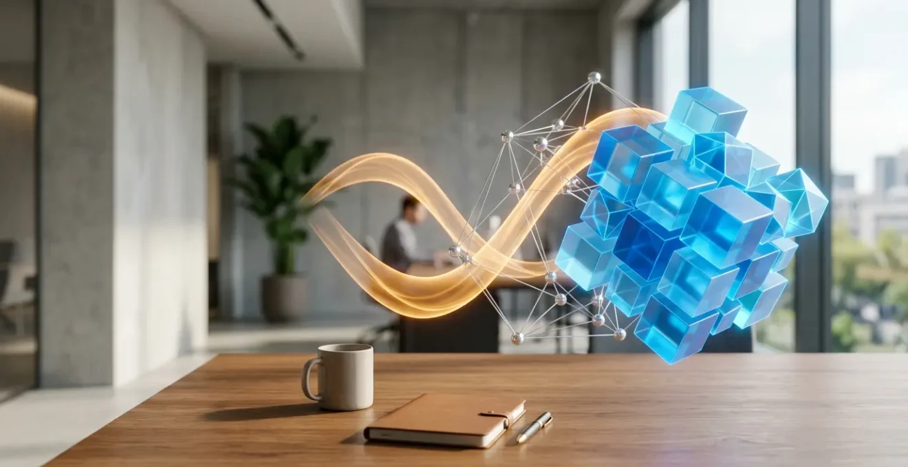 Developer contemplating programming language choices at workstation with symbolic code elements