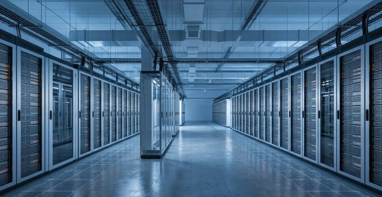 Modern cloud data center with distributed server architecture handling high traffic load