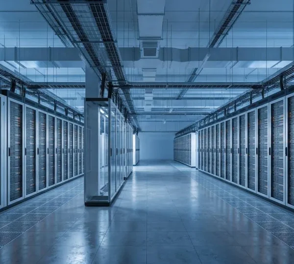 Modern cloud data center with distributed server architecture handling high traffic load