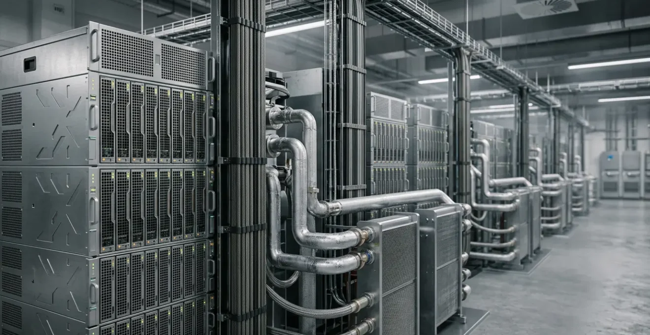 Modern data center server rack with advanced cooling systems and high-performance computing hardware