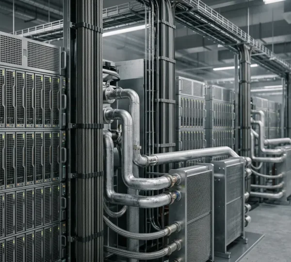 Modern data center server rack with advanced cooling systems and high-performance computing hardware