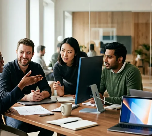 Sales team collaboration with CRM technology integration in modern workspace