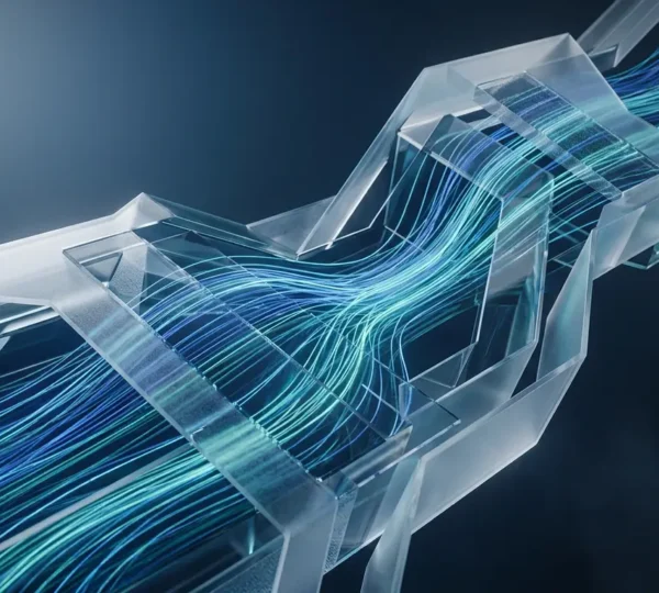 Abstract visualization of enterprise AI workflow with secure data streams and interconnected systems