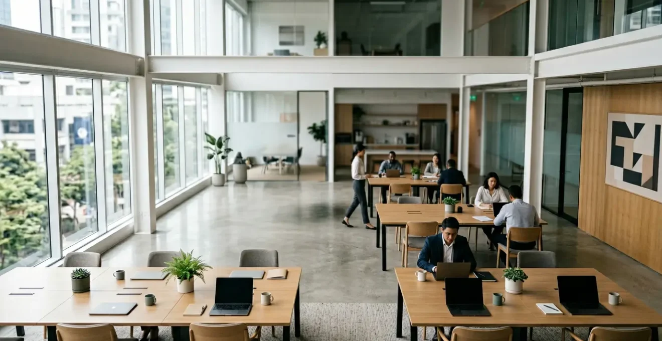 Professional editorial photograph showing a streamlined modern office workspace with minimal technology interfaces and organized workflow systems