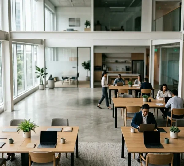 Professional editorial photograph showing a streamlined modern office workspace with minimal technology interfaces and organized workflow systems