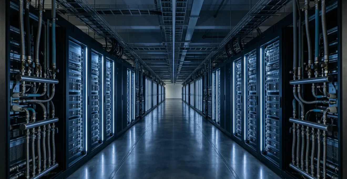 High-performance computing data center infrastructure with advanced cooling systems and dense server racks optimized for AI workloads