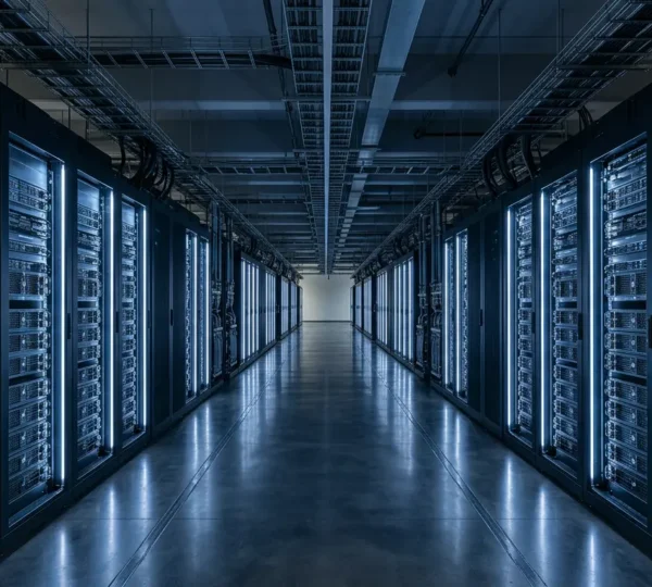 High-performance computing data center infrastructure with advanced cooling systems and dense server racks optimized for AI workloads