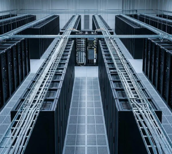 Enterprise network infrastructure connecting on-premises data center to cloud services through dedicated fiber connections for low-latency hybrid integration