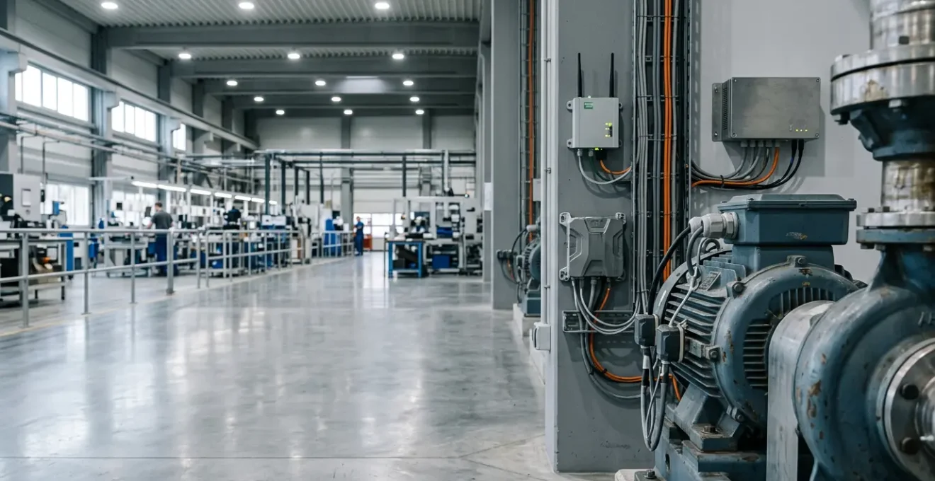 Industrial manufacturing floor showing IoT sensor network monitoring rotating machinery for predictive maintenance