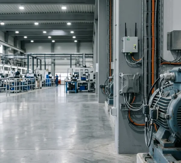 Industrial manufacturing floor showing IoT sensor network monitoring rotating machinery for predictive maintenance