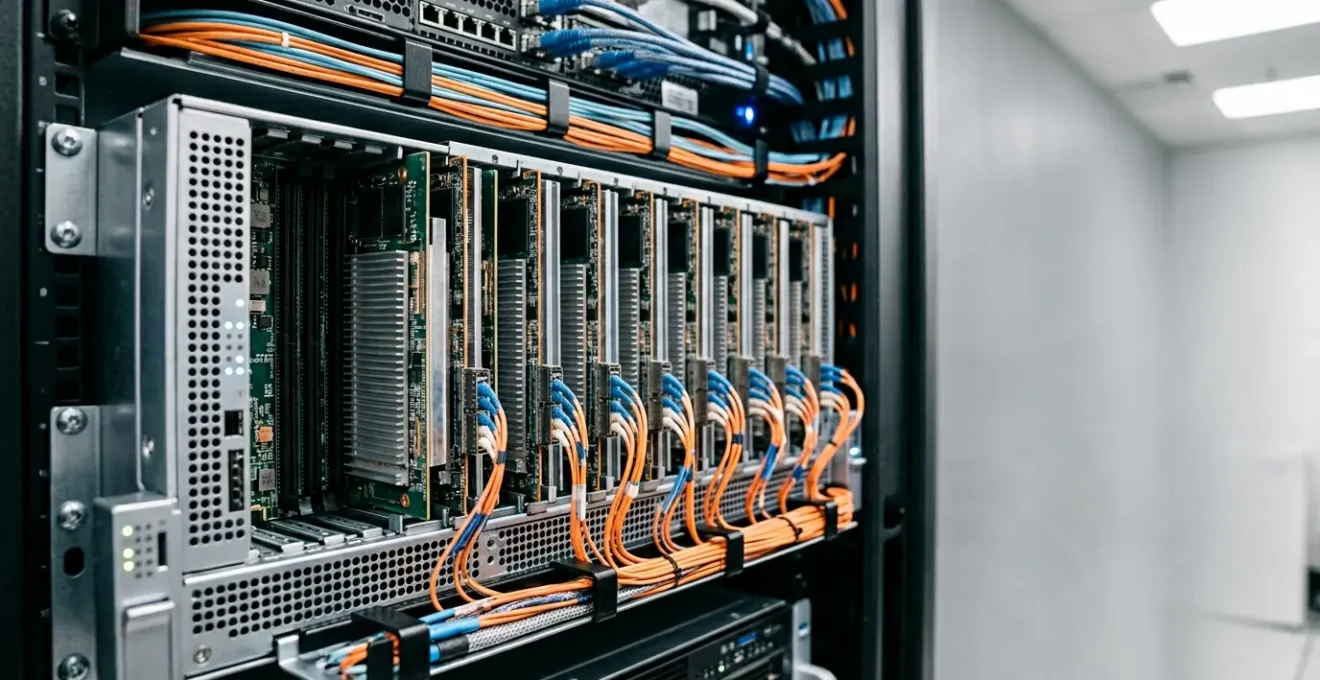 High-performance NVMe flash storage array with parallel data channels illustrating ultra-low latency architecture