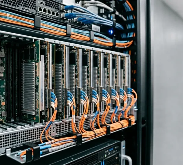 High-performance NVMe flash storage array with parallel data channels illustrating ultra-low latency architecture