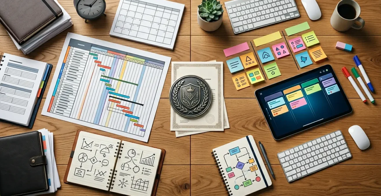 Modern project management professional navigating between traditional and agile methodologies in a contemporary office environment