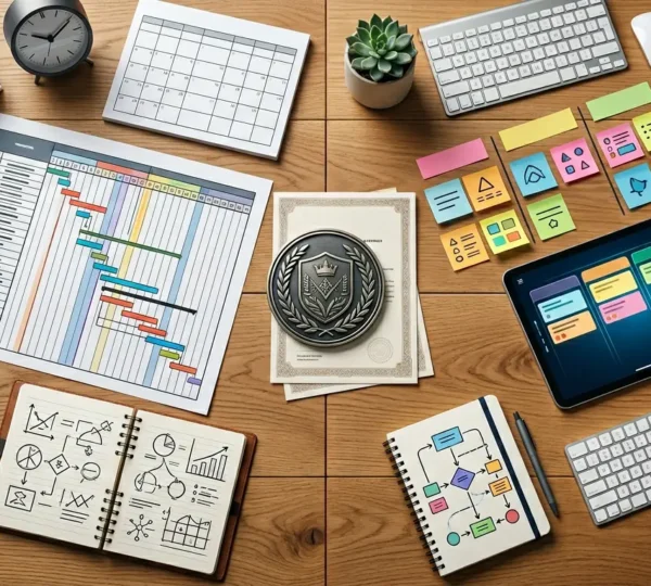 Modern project management professional navigating between traditional and agile methodologies in a contemporary office environment