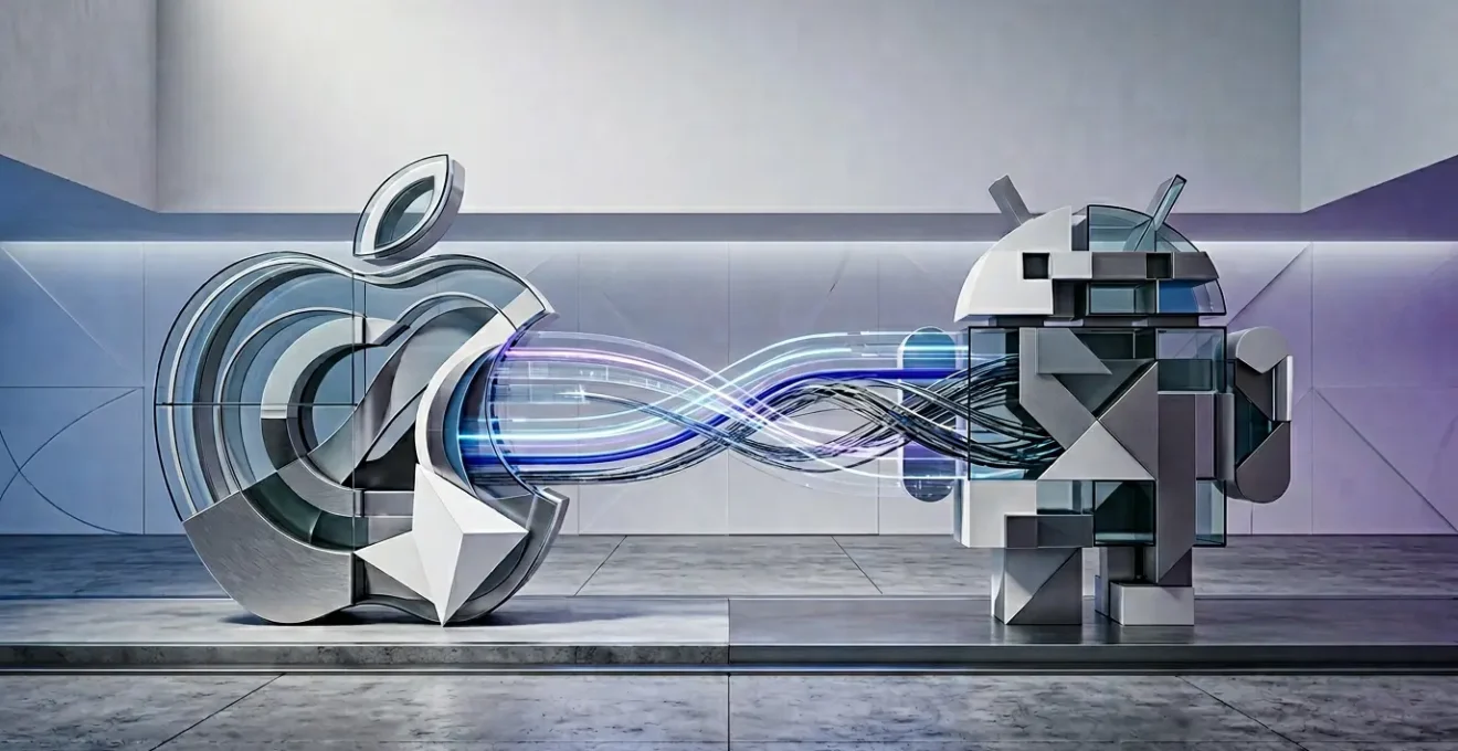 Abstract visualization of cross-platform mobile development with unified codebase architecture