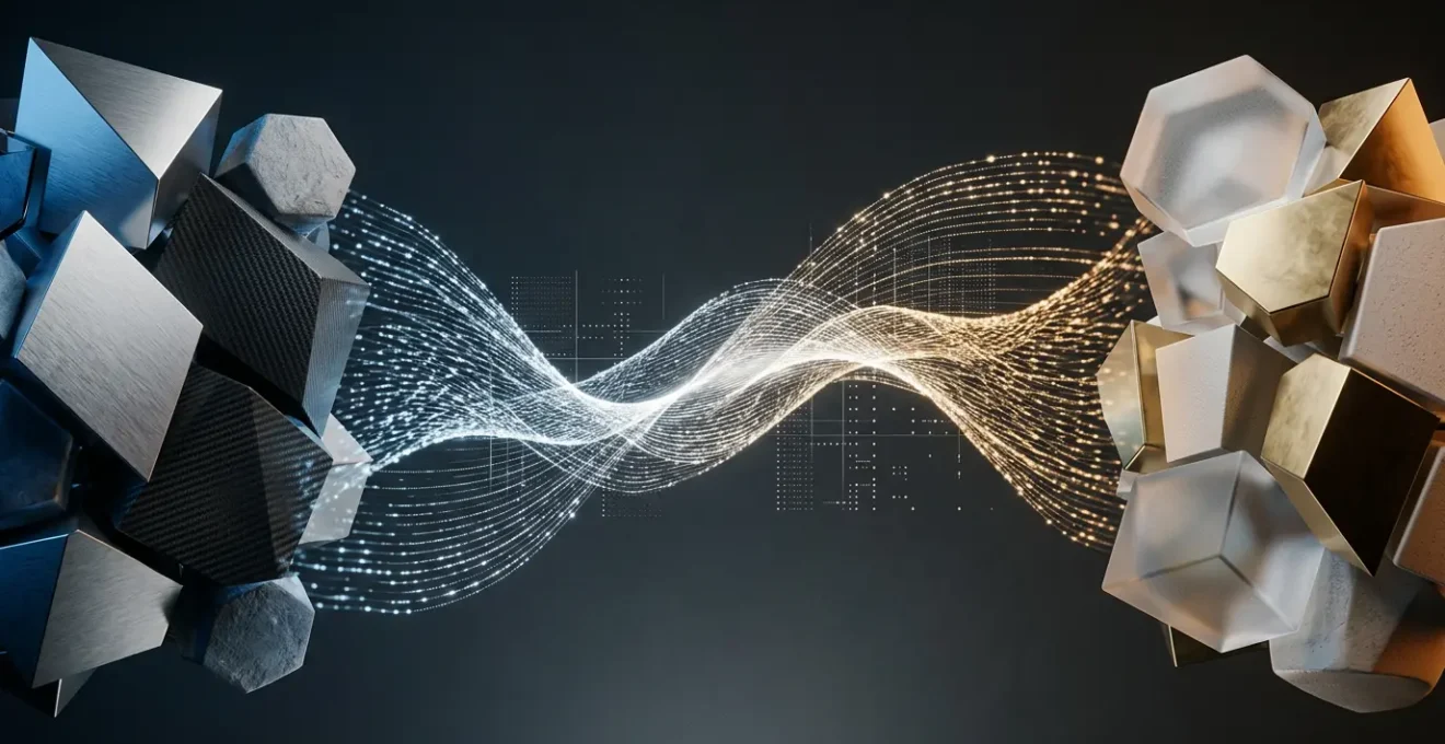 Abstract visualization of data flowing seamlessly between disconnected technological systems through structured pathways