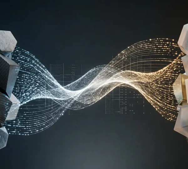 Abstract visualization of data flowing seamlessly between disconnected technological systems through structured pathways