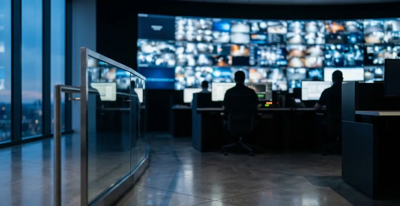 Professional security operations center with abstract data visualization showing continuous monitoring systems