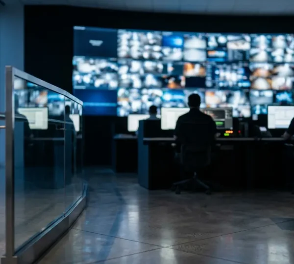 Professional security operations center with abstract data visualization showing continuous monitoring systems