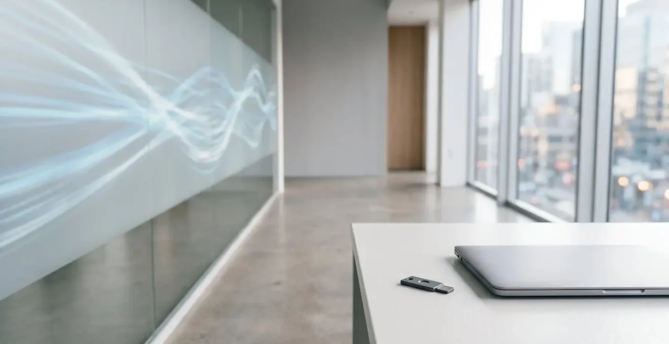 Minimalist workspace showing behavioral security analytics in a modern enterprise environment