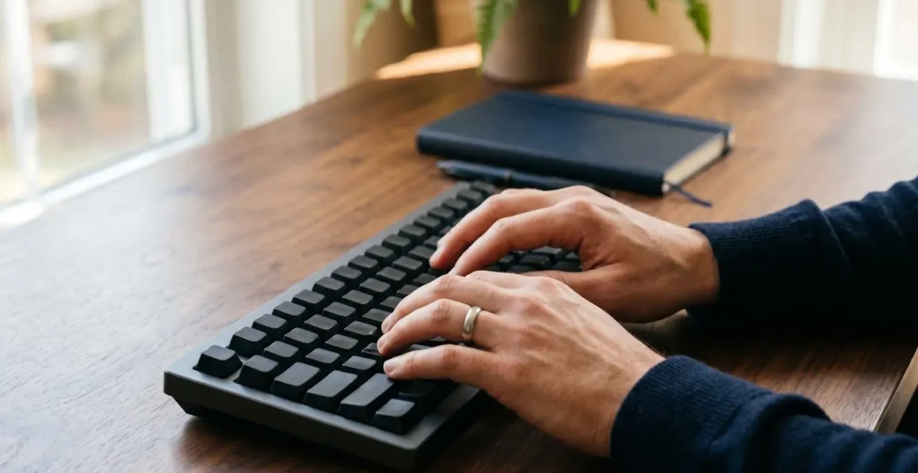 Close-up view of hands typing on laptop keyboard with warm natural lighting emphasizing focused work environment