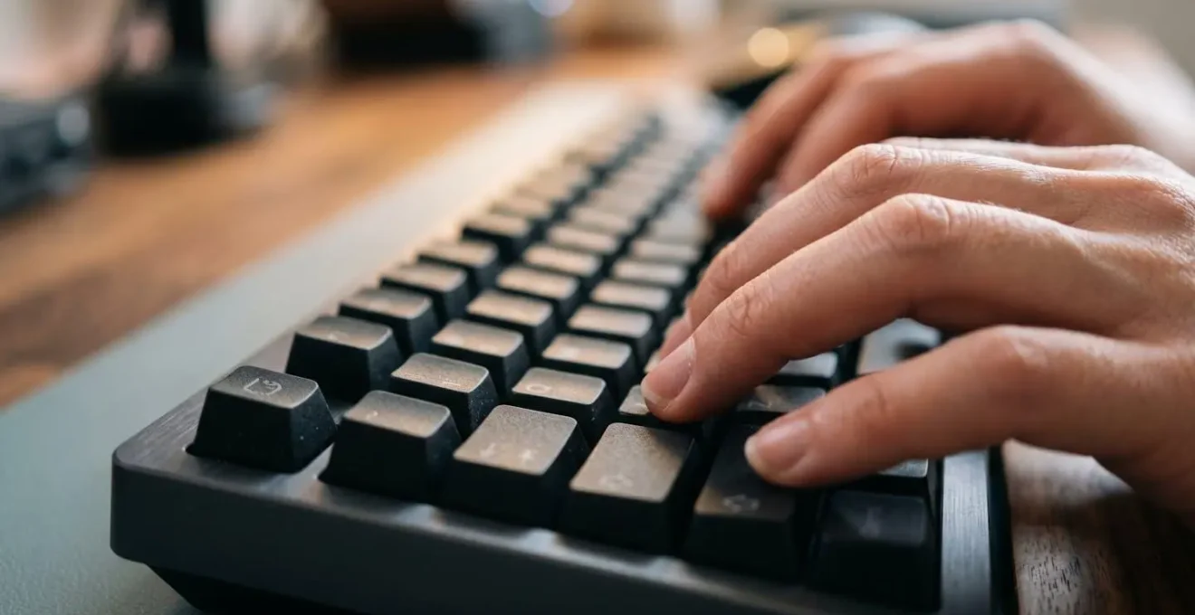 Close-up of hands typing on keyboard with automated workflow visualization