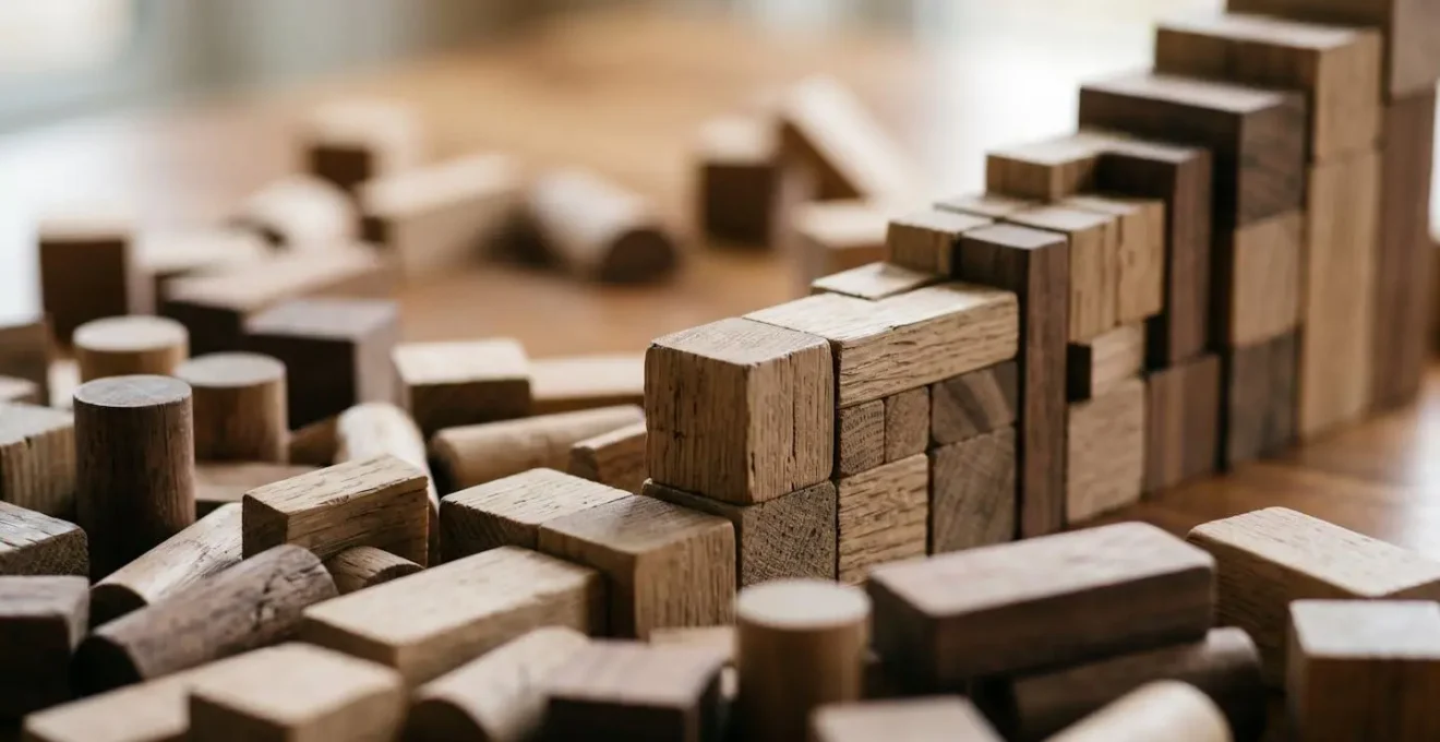 Abstract representation of creative breakthrough with scattered learning materials transforming into structured building blocks
