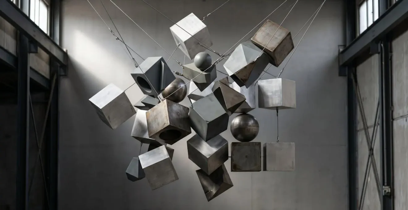 Dynamic arrangement of suspended geometric elements under stress showing resilience through controlled disruption