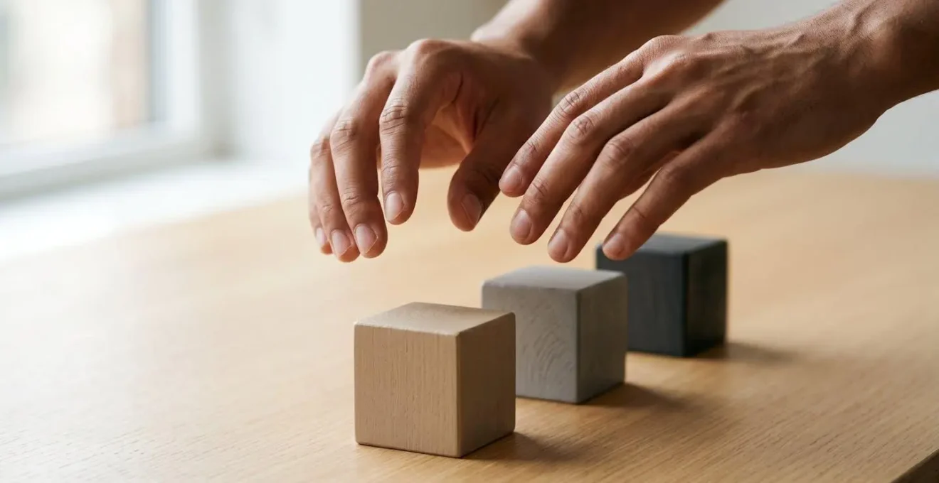 Close-up of hands hovering over abstract data classification choices representing decision fatigue