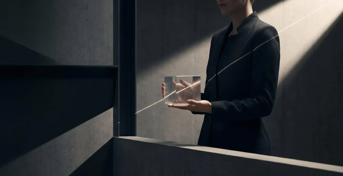 Minimalist wide-angle composition showing abstract representation of privacy-preserving identity verification through geometric light and shadow