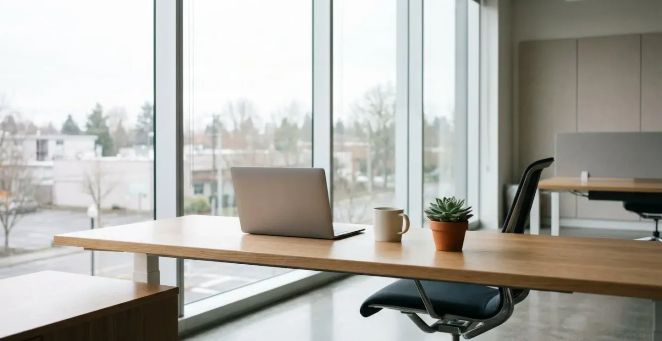 Environmental minimalist view of empty modern office workspace representing employee departure