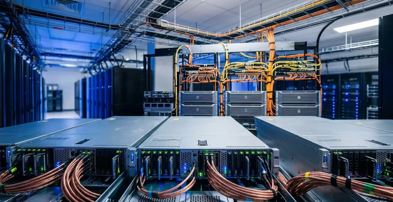 Hybrid storage architecture showing local NVMe drives for transaction logs and networked NVMe-oF arrays for data files