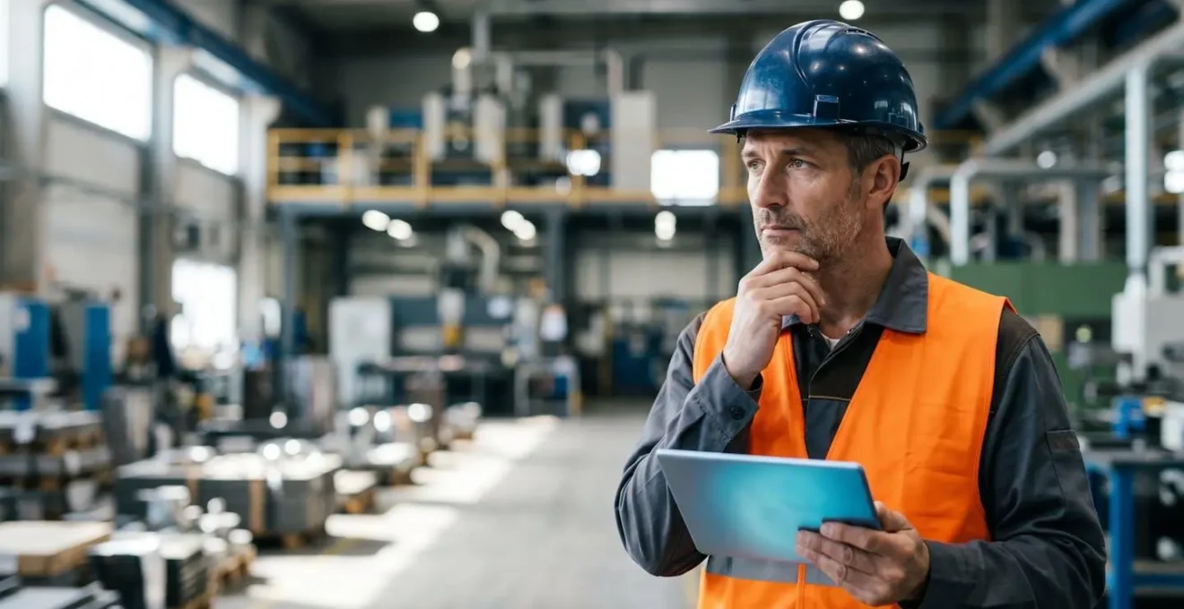 Industrial plant manager reviewing maintenance cost analysis and ROI metrics in manufacturing facility