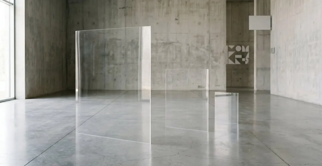 Environmental minimalist wide shot showing layered construction process with progressive simplification