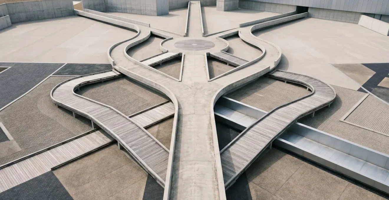 Interconnected programming paradigms represented through abstract architectural elements and flowing transitions