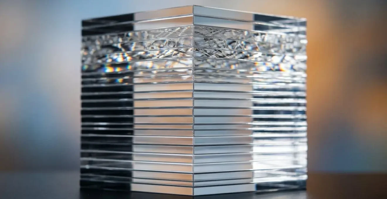 Abstract visualization showing the relationship between queue depth and latency using layered transparent forms