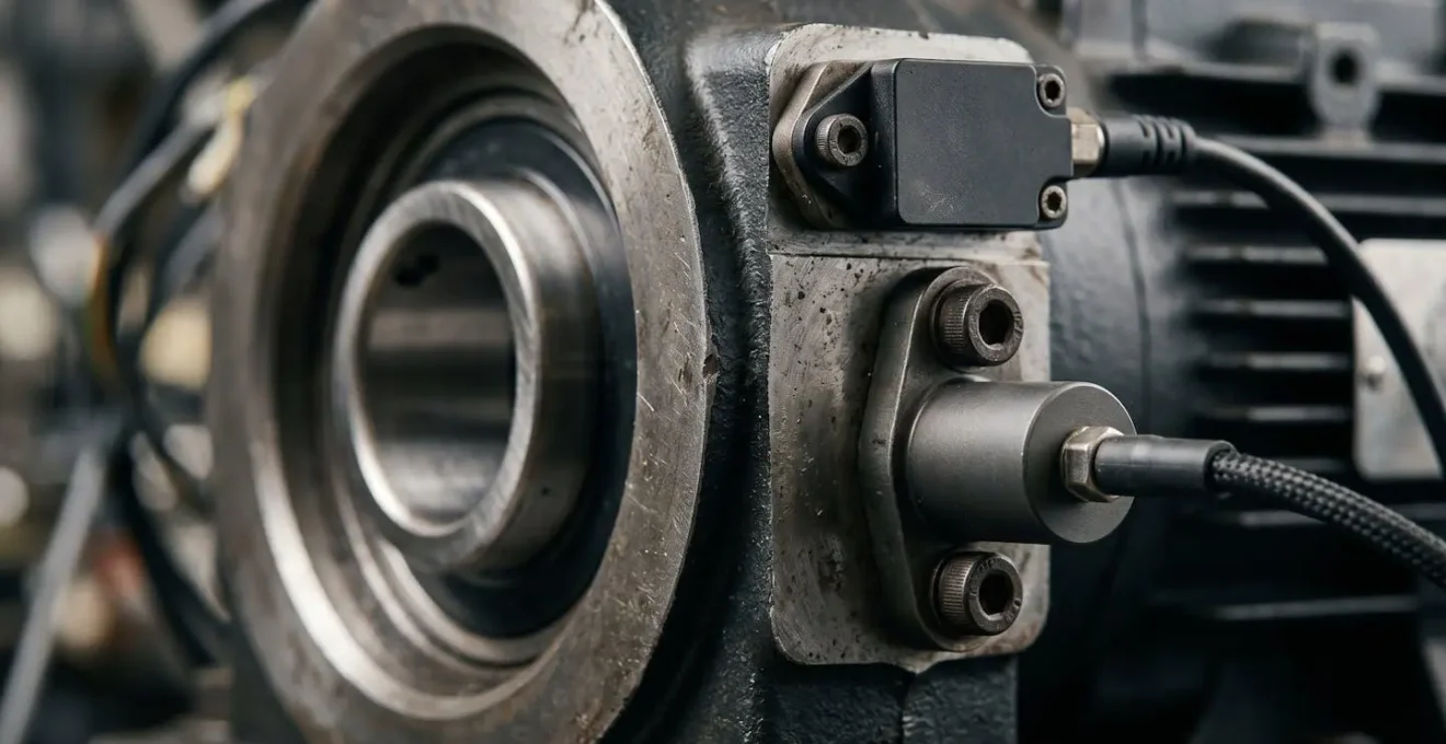 Close-up macro view of industrial motor bearing with dual sensor mounting configuration for predictive maintenance