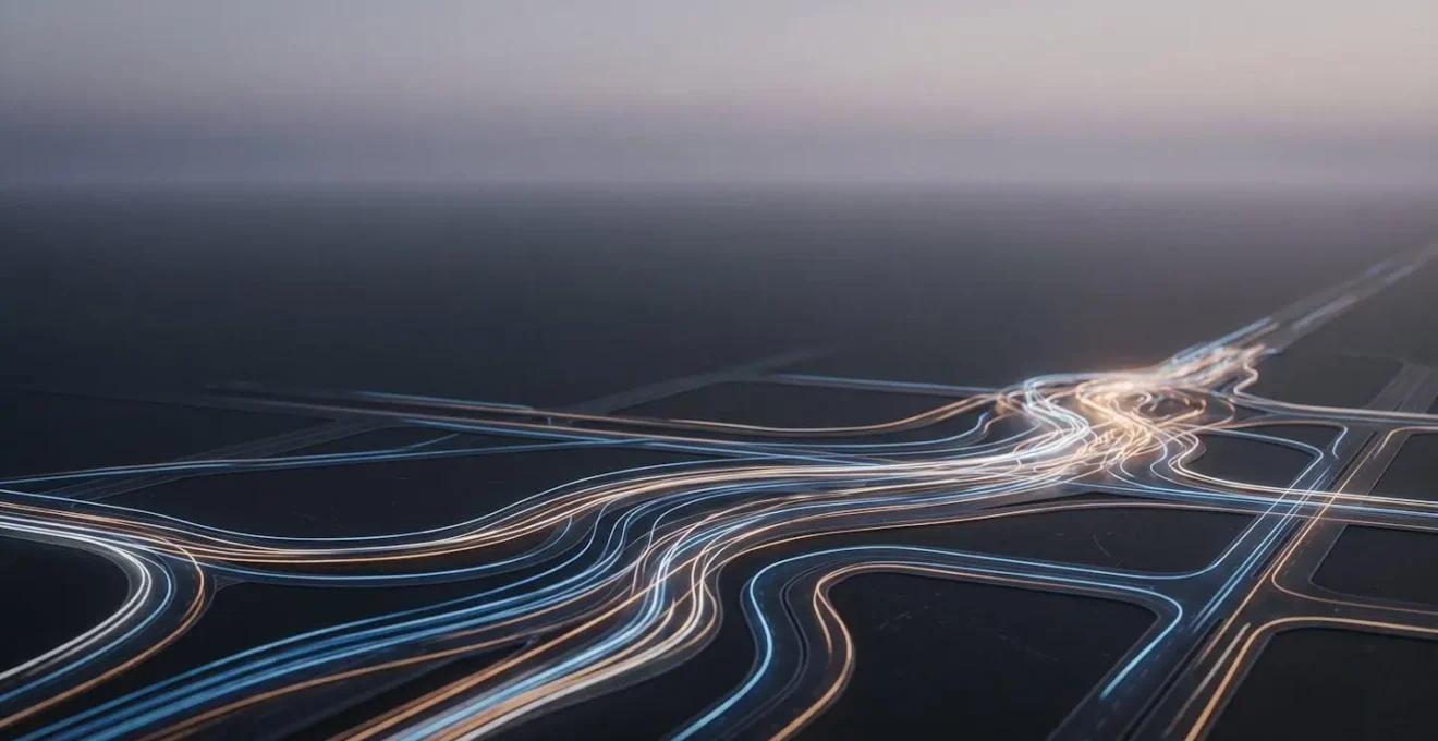 Abstract representation of tail latency showing smooth flow interrupted by unexpected congestion points