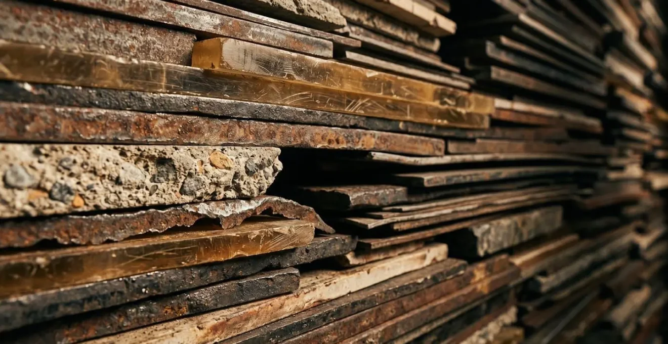 Close-up view showing layers of accumulated structural elements representing compounding technical debt blocking progress