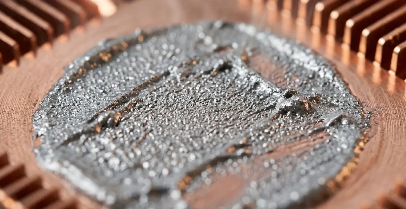 Extreme close-up macro photograph showing thermal interface material texture and heat transfer surface