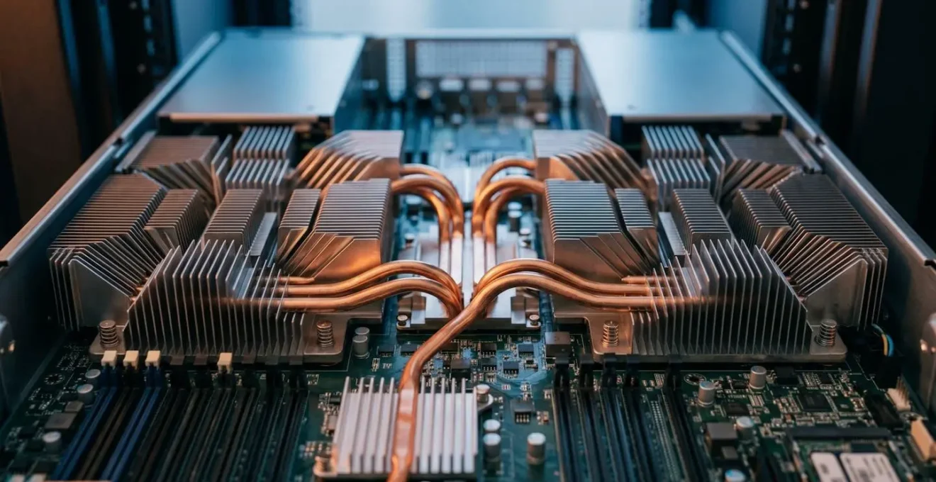 Detailed view of server components showing heat distribution and thermal management systems with precision cooling elements