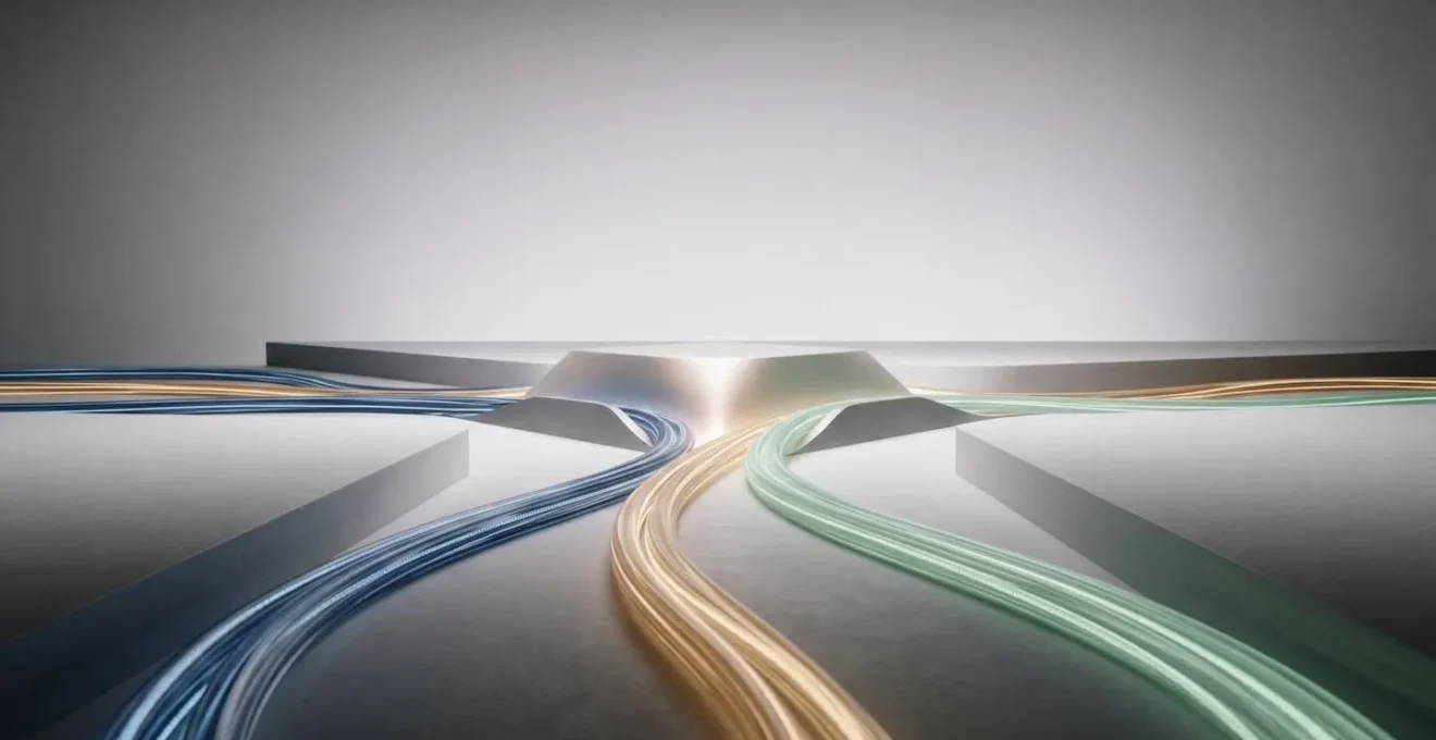 Environmental wide shot showing three distinct data streams converging into unified monitoring nexus in minimalist setting