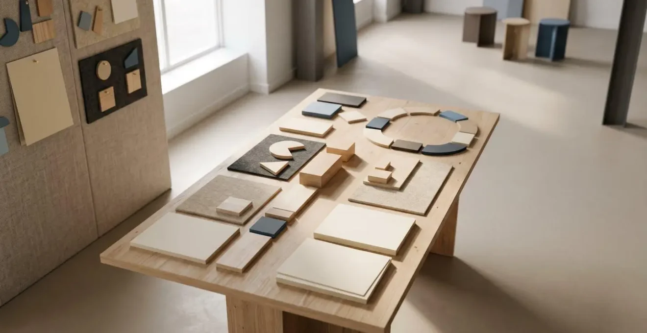 Environmental wide-angle photograph of a clean collaborative workspace showing workflow planning materials in organized arrangement